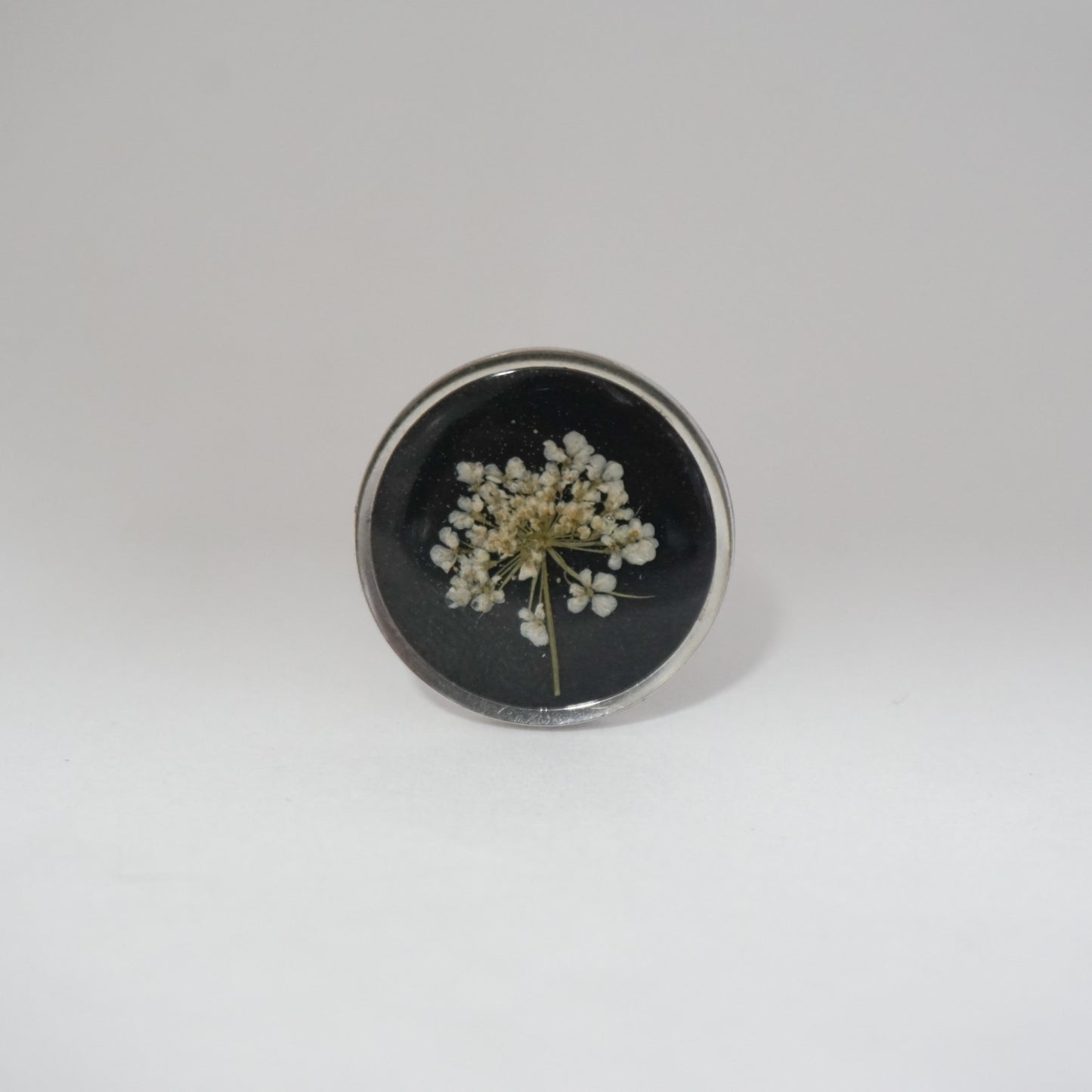 Anillo ajustable flor del cilantro fondo negro