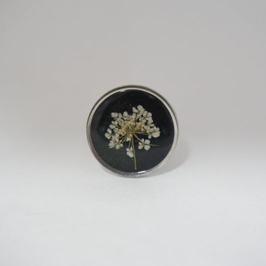 Anillo ajustable flor del cilantro fondo negro